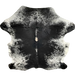 Large Black and White Speckled Colombian Cowhide: mostly solid black down the middle, with a few white speckles, white with black speckles and spots on the sides, belly, shoulder, and shanks, and a light beige spot on the spine - 7'6" x 6'2"(COSP3347)