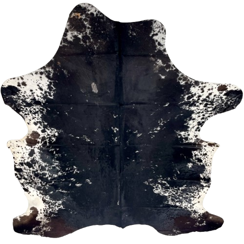 XL Black and White Speckled Colombian Cowhide: black with white speckles and spots, and dark brown on part of the butt and the hind shanks - 8'4" x 6' (COSP3349)