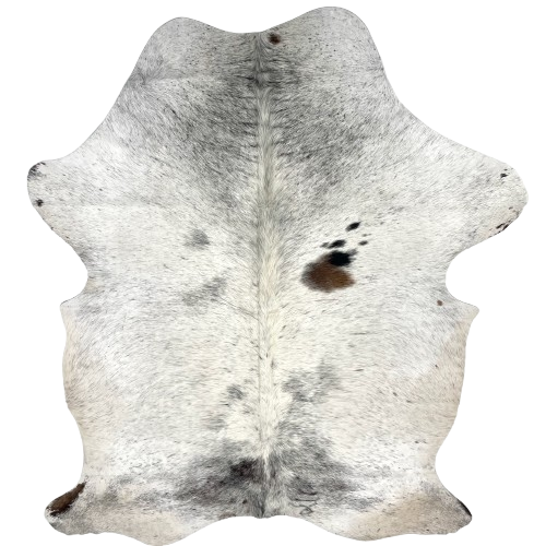 White & Black Speckled Colombian Cowhide: white and off-white with black speckles and spots, one brown spot on the right side of the back, and one brand mark on the right side of the butt - 7' x 4'9" (COSP3551)