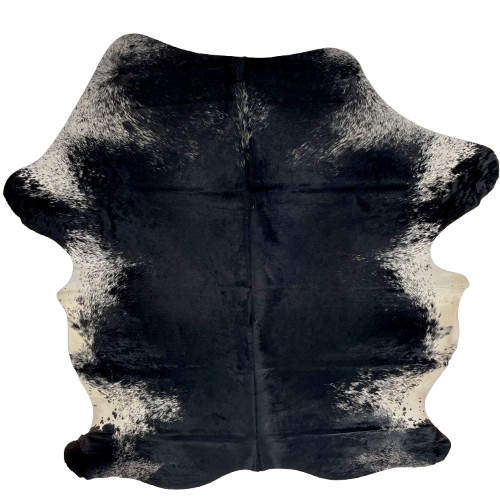 Black and White Speckled Colombian Cowhide: mostly solid black with white speckles on the shoulder, shanks, and sides, and off-white on the belly - 7'1" x 5'4" (COSP3553)