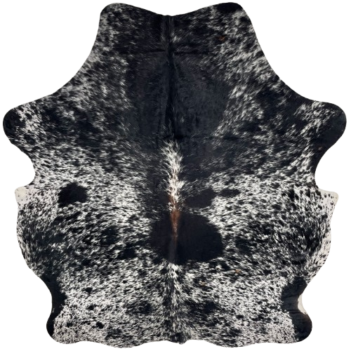Black and White Speckled Colombian Cowhide: white with black spots and speckles, a few small, brown spots, and brown down part of the spine - 7'4" x 5'10" (COSP3559)