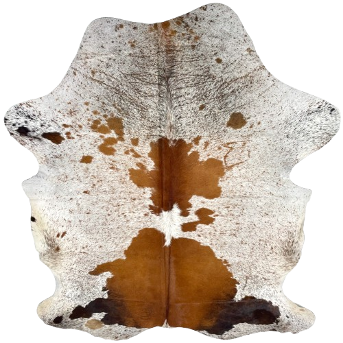 Tricolor Speckled Colombian Cowhide: white with brown and blackish brown speckles and spots, and one brand mark on the left side of the butt - 6'10" x 5' (COSP3562)