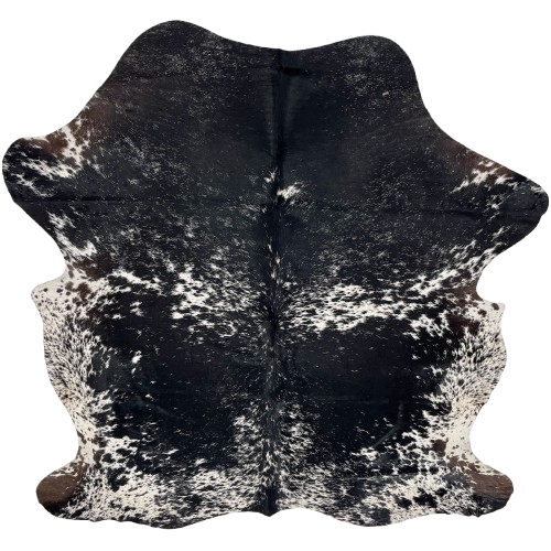 Black and White Colombian Speckled Cowhide: white with black speckles and spots, large, black spots with white speckles, and dark brown on part of the hind shanks - 6'6" x 5'2" (COSP3569)