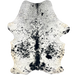 White and Black Speckled Colombian Cowhide: white with black speckles and spots, off-white on the belly and shanks, and one brand mark on the right side of the butt, and another on the right hind shank - 6'5" x 4'5" (COSP3573)