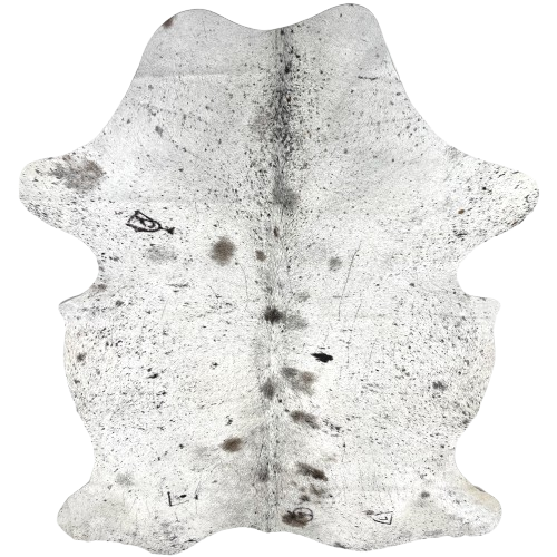 White and Black Speckled Colombian Cowhide: white with black speckles and spots, a few small, brownish black spots, and one brand mark on the left side of the shoulder and three on the right side of the butt - 6'9" x 4'10" (COSP3574)