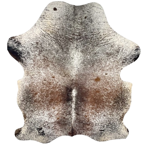 Tricolor Speckled Colombian Cowhide: white with brown and black speckles and spots, one brand mark along the spine on the right side, three along the spine of the left side, and two on the left side of the butt - 6'8" x 4'11" (COSP3576)
