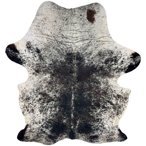 Black and White Speckled Colombian Cowhide: white with black speckles and spots one brand mark near the right fore shank, two on the right side of the back, and another on the right side of the butt - 7'5" x 5' (COSP3577)