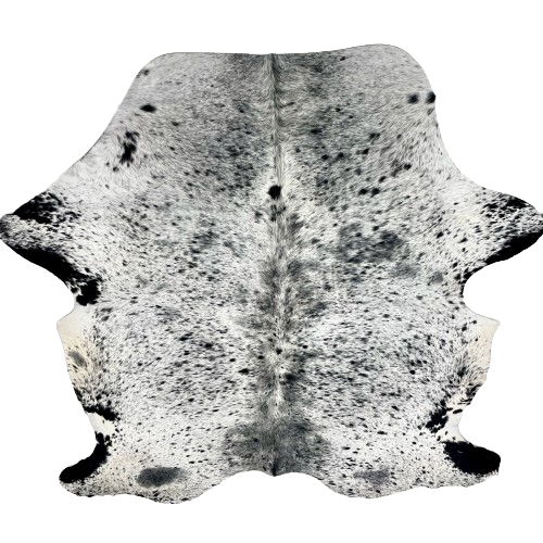 Large Black and White Speckled Colombian Cowhide: white with black speckles and spots, and off-white on the belly - 7'7" x 5'10" (COSP3578)