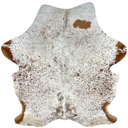 Brown and White Speckled Brazilian Cowhide: white with brown speckles and spots, and two brand marks on the right side of the back, and one on each side of the butt - 7' x 5'2" (COSP3580)