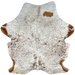 Brown and White Speckled Brazilian Cowhide: white with brown speckles and spots, and two brand marks on the right side of the back, and one on each side of the butt - 7' x 5'2" (COSP3580)