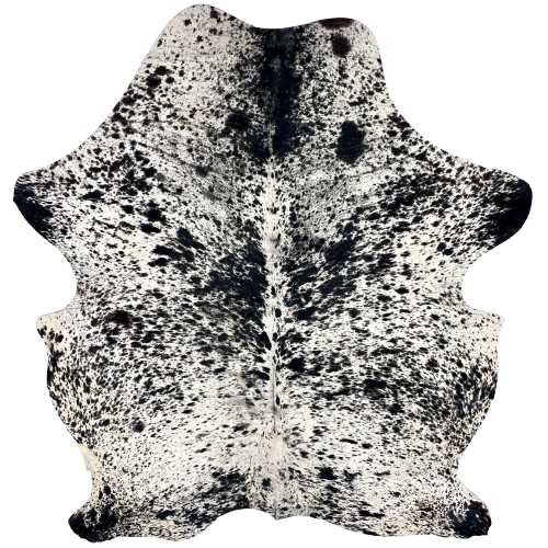 Black and White Speckled Brazilian Cowhide: white with black spots and speckles, and one cluster of brand marks on the left side of the butt - 7'1" x 5'4" (COSP3581)