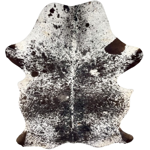 Large Black and White Speckled Colombian Cowhide: white with black spots and speckles, dark brown spots on the belly and hind shanks, and one brand mark on the right side of the back, and another on the left side of the butt - 7'8" x 5' (COSP3582)