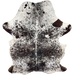 Large Black and White Speckled Colombian Cowhide: white with black spots and speckles, dark brown spots on the belly and hind shanks, and one brand mark on the right side of the back, and another on the left side of the butt - 7'8" x 5' (COSP3582)