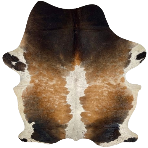Tricolor Speckled Colombian Cowhide: has a mix of brown, blackish brown, and off-white, off-white with brown speckles down the middle and on the belly, and one brand mark on the right side of the butt, one on the left side of the back, and two on the left side of the butt - 7'4" x 5'5" (COSP3583)