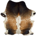 Tricolor Speckled Colombian Cowhide: has a mix of brown, blackish brown, and off-white, off-white with brown speckles down the middle and on the belly, and one brand mark on the right side of the butt, one on the left side of the back, and two on the left side of the butt - 7'4" x 5'5" (COSP3583)