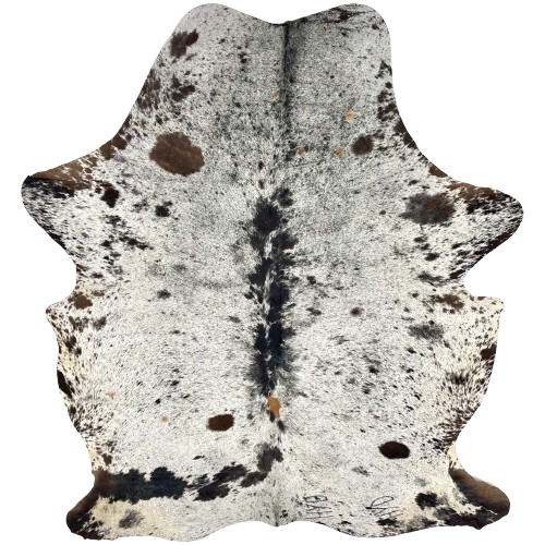 Black and White Speckled Colombian Cowhide: white with black speckles and spots, a few small, brown spots, and two brand marks on the right side of the butt - 7'1" x 5'1" (COSP3588)