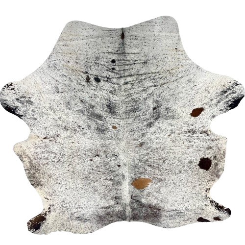 Black and White Speckled Colombian Cowhide: white with black speckles and spots, a few small, brown spots, and one brand mark on each side of the back, along the spine - 6'11" x 5'8" (COSP3589)