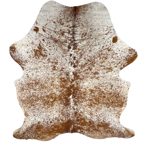 Reddish Brown and White Speckled Colombian Cowhide: white with reddish brown speckles and spots, and two brand marks on the left side of the butt, and one on the right side of the butt - 7'4" x 5'2" (COSP3590)