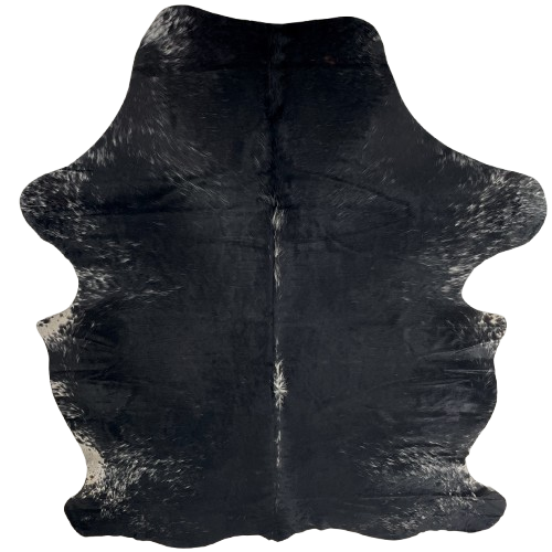 Large Black and White Speckled Colombian Cowhide: mostly solid black, with white speckles down the spine and on the belly, shanks, and shoulder - 7'6" x 5'5" (COSP3751)