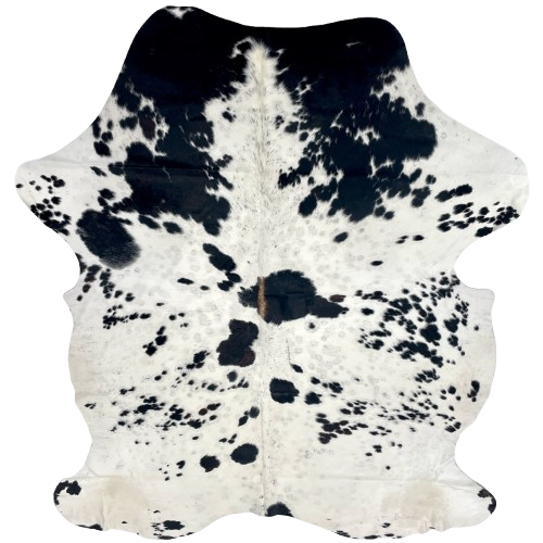 White and Black Speckled Colombian Cowhide: white with black speckles and spots, and light brown down part of the spine - 7'3" x 5'1" (COSP3754)