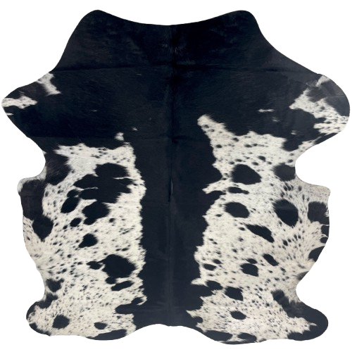 Black and White Speckled Colombian Cowhide: white with black speckles and spots, and solid black down the middle and across the shoulder - 6'8" x 5'7" (COSP3757)