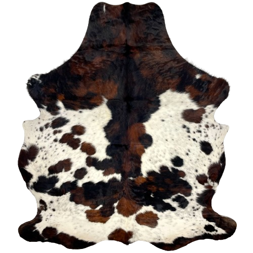 Large Colombian Tricolor Cowhide:  white with black speckles, and large and small spots that have a mix of brown and black - 7'6" x 5'8" (COTR1007)