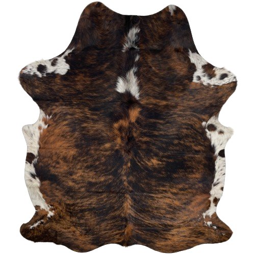 Colombian Tricolor Cowhide:  has a black and brown, brindle pattern, with a couple white spots in the middle of the shoulder, and white with brown and black speckles and spots on the belly and part of the shanks - 6'9" x 4'11" (COTR1025)