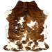 Colombian Tricolor Cowhide:  white with large and small spots that have a brown and black, and dark reddish brown and black, brindle pattern, and it has off-white on the belly and hind shanks - 6'4" x 4'10" (COTR1038)