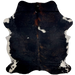 Colombian Dark Tricolor Cowhide:  black, with some brown and reddish brown, brindle markings, and a couple white spots on the back, and it has white, with black spots, on the belly and shanks - 6'11" x 5'5" (COTR1057)