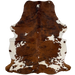 Colombian Tricolor Cowhide:  has a brown and black, brindle pattern, with a few small and large, white spots, and it has white on the belly and part of the shanks - 6'9" x 5'1" (COTR1082)