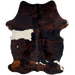 Colombian Dark Tricolor Cowhide:  has a black and red brown, brindle pattern, with on large and one small, white spot on the left side, and four smaller white spots on the right side - 6'9" x 4'8" (COTR1087)