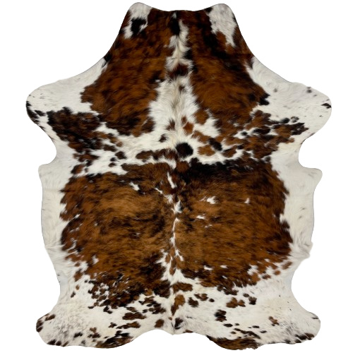 Colombian Tricolor Cowhide:  white, with black speckles, and large and small spots that have a mix of brown and black - 7'1" x 5'2" (COTR1089)