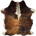 Colombian Tricolor Cowhide:  has a brown and black, brindle pattern, a white spot, with brown and black speckles, down the middle of the shoulder and on part of the fore shanks, and it has off-white on the belly and hind shanks - 7' x 5'7" (COTR1094)