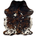 Colombian Tricolor Cowhide:  has a mix of black and brown, with some white spots, on the back, and it has white, with black speckles and spots that have a mix of black and brown, on the lower back, belly, butt, and hind shanks - 7' x 5'3" (COTR1096)