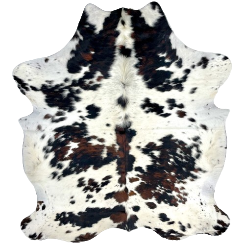 Colombian Tricolor Cowhide:  white, with black speckles, and large and small spots that have a mix of black and dark brown - 6'7" x 5'4" (COTR1103)