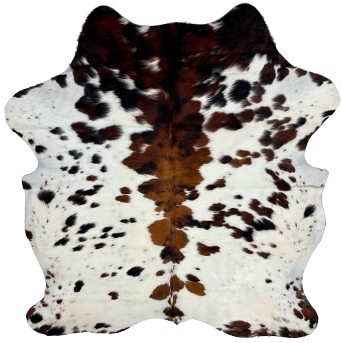 Colombian Tricolor Cowhide:  white with small and large, black and brown spots - 6'8" x 5'8" (COTR1104)