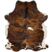 Colombian Tricolor Cowhide:  has a brown and black, brindle pattern with one larger and a few small, white spots on the back, and it has white on the belly and part of the shanks - 7'5" x 5'8" (COTR1113)