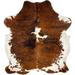 Large Colombian Tricolor Cowhide:  has a reddish brown and black, brindle pattern, with one large and a few small, white spots down the middle, and it has white on the belly and part of the shanks - 7'6" x 6'2" (COTR1118)