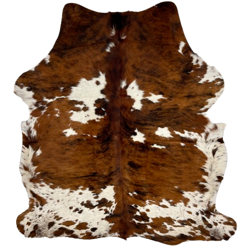 Colombian Tricolor Cowhide:  has a reddish brown and black, brindle pattern, and large and small white spots that have brown speckles and spots - 7'2" x 5'8" (COTR1120)