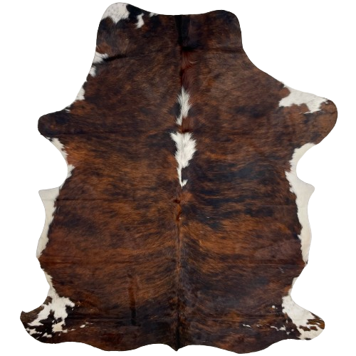 Colombian Tricolor Cowhide:  has a reddish brown and black, brindle pattern, with two white spots in the middle of the shoulder, and white on part of the belly and shanks - 6'10" x 5'2" (COTR1140)