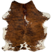 Colombian Tricolor Cowhide:  has a brown and black, brindle pattern, with a couple off-white spots down the middle, and off-white on part of the belly and shanks - 6'6" x 5'4" (COTR1152)