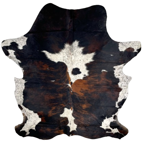 Large Colombian Tricolor Cowhide:  white with black speckles, and large spots that have a mix of black and brown - 7'7" x 5'7" (COTR1162)