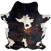 Large Colombian Tricolor Cowhide:  white with black speckles, and large spots that have a mix of black and brown - 7'7" x 5'7" (COTR1162)