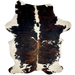 Large Colombian Tricolor Cowhide:  white with a brown and black, brindle pattern down both sides, and it has some small spots tha have a mix of black and brown - 7'8" x 5'2" (COTR1163)