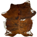 Large Colombian Tricolor Cowhide:  has a reddish brown and black, brindle pattern, with one white spot on the right side of the back, and white on part of the shanks and belly - 7'8" x 5'9" (COTR1168)