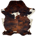 Large Colombian Tricolor Cowhide:  has a black and reddish brown brindle pattern, with a few white spots on the back and white on part of the belly and shanks - 7'11" x 6'1" (COTR1169)