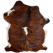 Large Colombian Tricolor Cowhide:  has a red brown and black, brindle pattern, with a white spot in the middle of the back, and white on the belly - 7'6" x 5'3" (COTR1171)