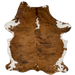 Colombian Tricolor Cowhide:  has a brown and black, brindle pattern, with a couple of white spots on the spine and white, with brown spots, on the belly and shanks - 7'3" x 5'8" (COTR1174)