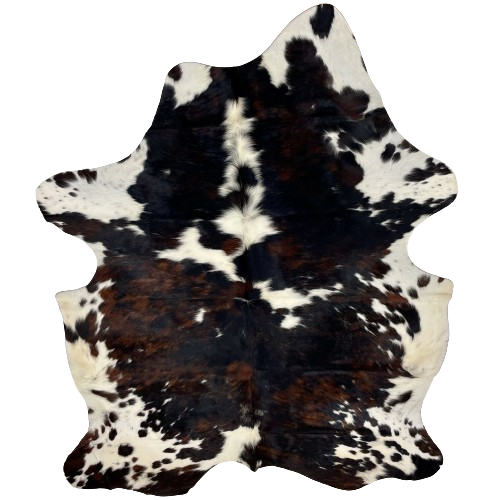 XL Colombian Tricolor Cowhide:  white with large and small spots that have a mix of black and dark brown - 8' x 5'10" (COTR1178)