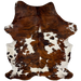 Large Colombian Tricolor Cowhide:  white with black speckles, and large and small spots that have a reddish brown and black, brindle pattern - 7'6" x 5'8" (COTR1179)